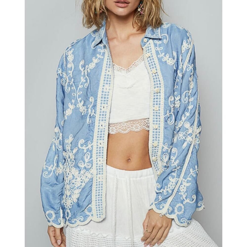 Embroidered Chambray Long Sleeve Shirt Blue One Size Beautiful Boho Festival Top